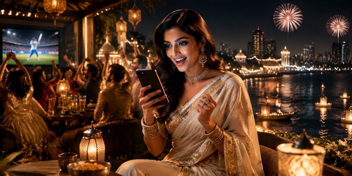 Indian woman betting on cricket match on mobile device