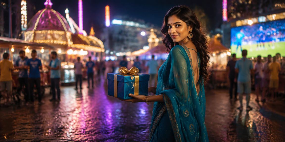 Indian woman in traditional saree enjoying online betting on mobile in festive mood